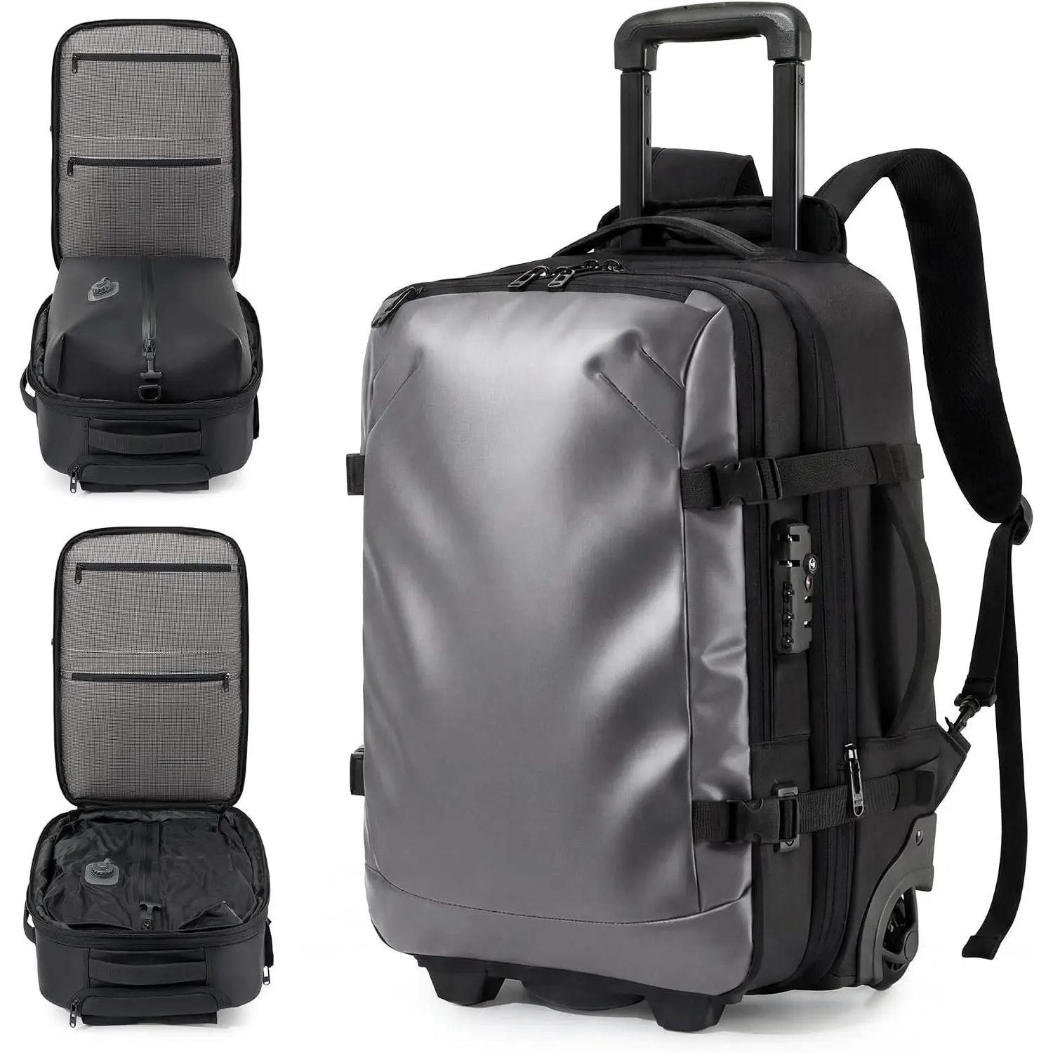Rolling Travel Backpack with -Button Vacuum System, 55L Expandable | -in Pump, Carry , TSA Lock, Water-Repellent, Wet/Dry Separate, Shoes Pocket, Fits 17" Laptop