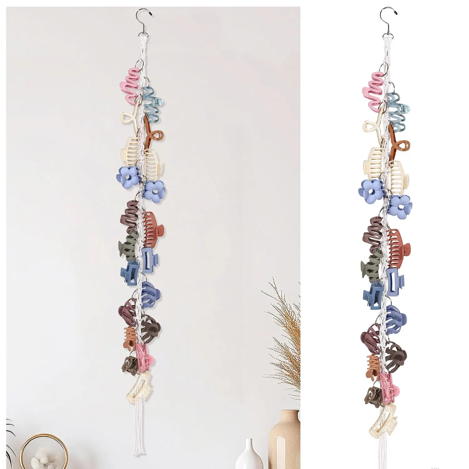 Macrame Hair Claw Clip Organizer with Rotating Hook and 20 Metal Rings, Hair Clip Holder and Storage for Women Girls,Claw Clips Hanger  Decor for Wall,Door,Closet