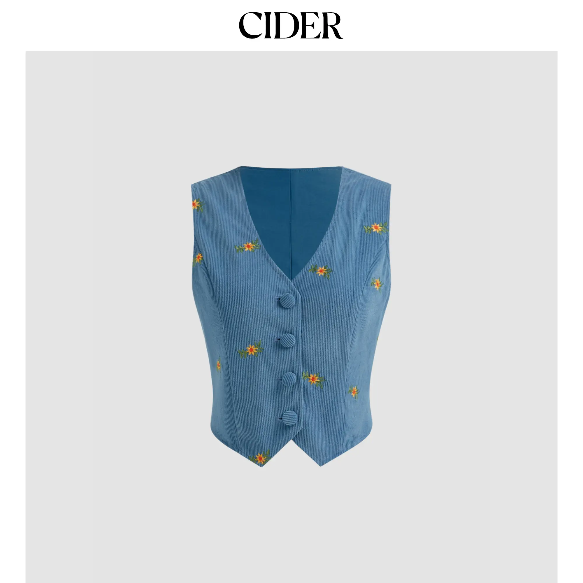 Cider [size 2-26] Corduroy V-neck Floral Embroidery Button Vest