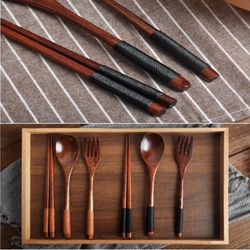 Wooden Tableware Set, 3 Counts/set Including Spoon, Chopsticks & Fork Set, Handmade Household Tableware, Kitchen Utensils, Dinnerware Service Set