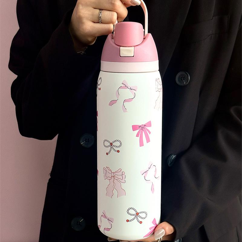 Butterfly Pattern Insulated Water Bottle Tumbler, 1 Count 24oz-32oz-40oz Stainless Steel Vacuum Flask with Straw, Summer Cool Bottle Drinking Cup for Home Office School, Drinkware