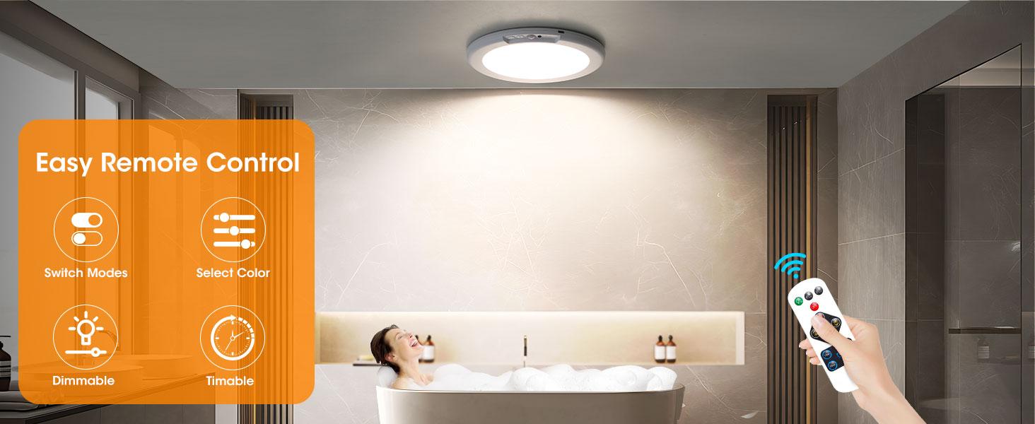 Rechargeable Motion Sensor Ceiling Light with Remote, Battery Operated Wireless LED Overhead Light, Dimmable 3 Color Temperatures, No Wiring Renter Friendly Indoor Lighting for Closet, Shower, Pantry, Hallway