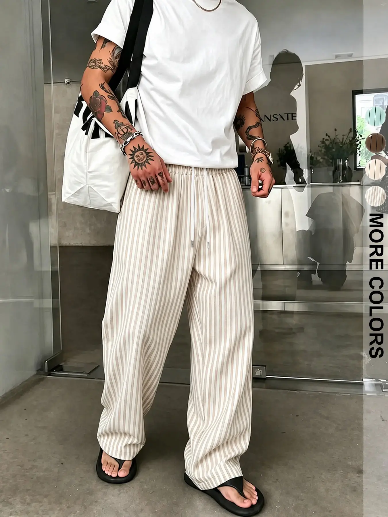 Men's Japanese Style Vertical Stripe Wide Leg Pants, Drawstring Waist, Loose Fit, Summer Lightweight, Casual Lounge Pants