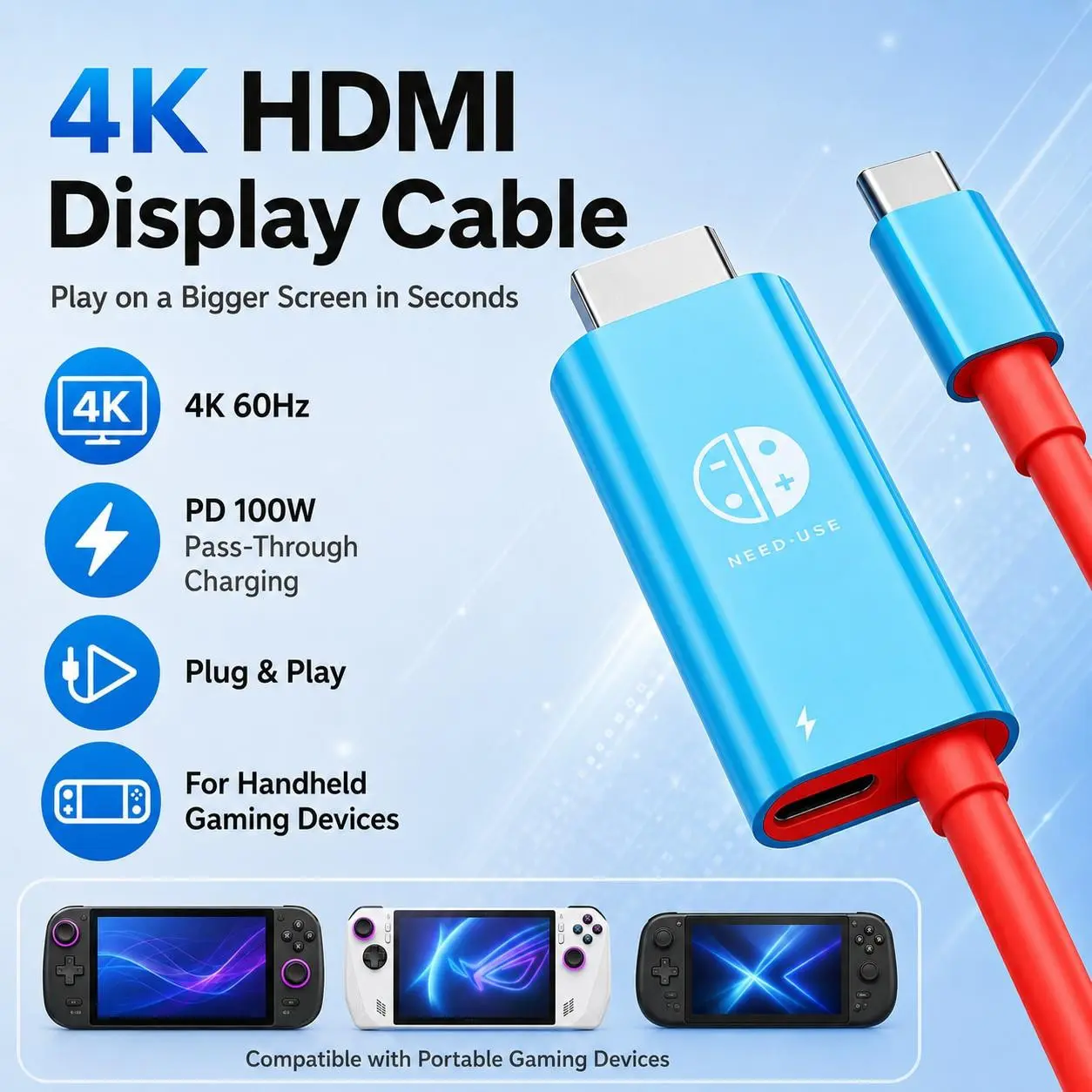 Type-C to HDMI Cable 4K 60hz, Phone Game Console Laptop to Large Screen, High Definition Sync Adapter, Clear Display Output