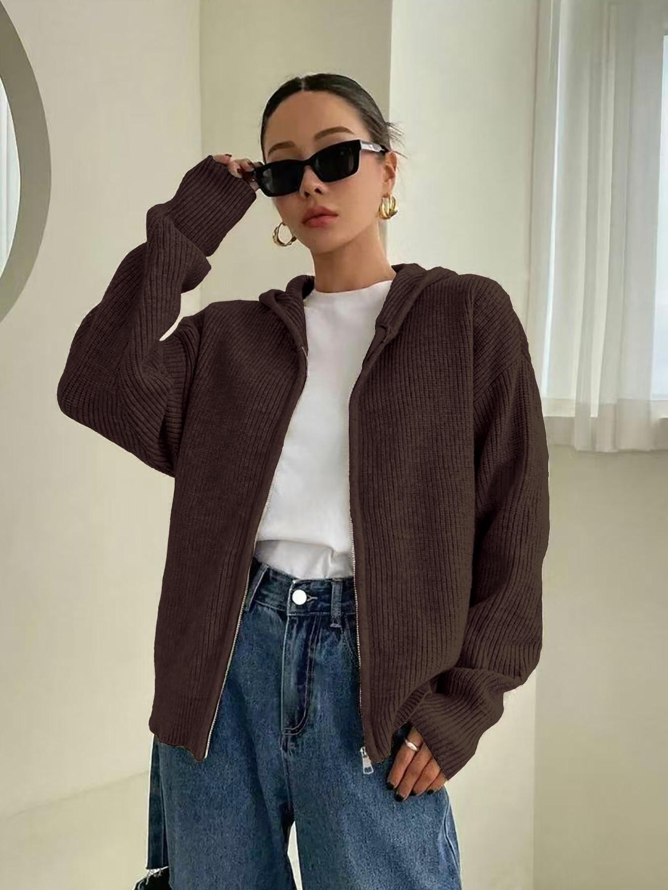 Women's Solid-Color Zip-Up Hooded Cardigan, Womenswear Casual Fit Basic Long Sleeve Knitting Knitwear for Fall & Winter, Ladies' Fashion Sweater for Daily Wear