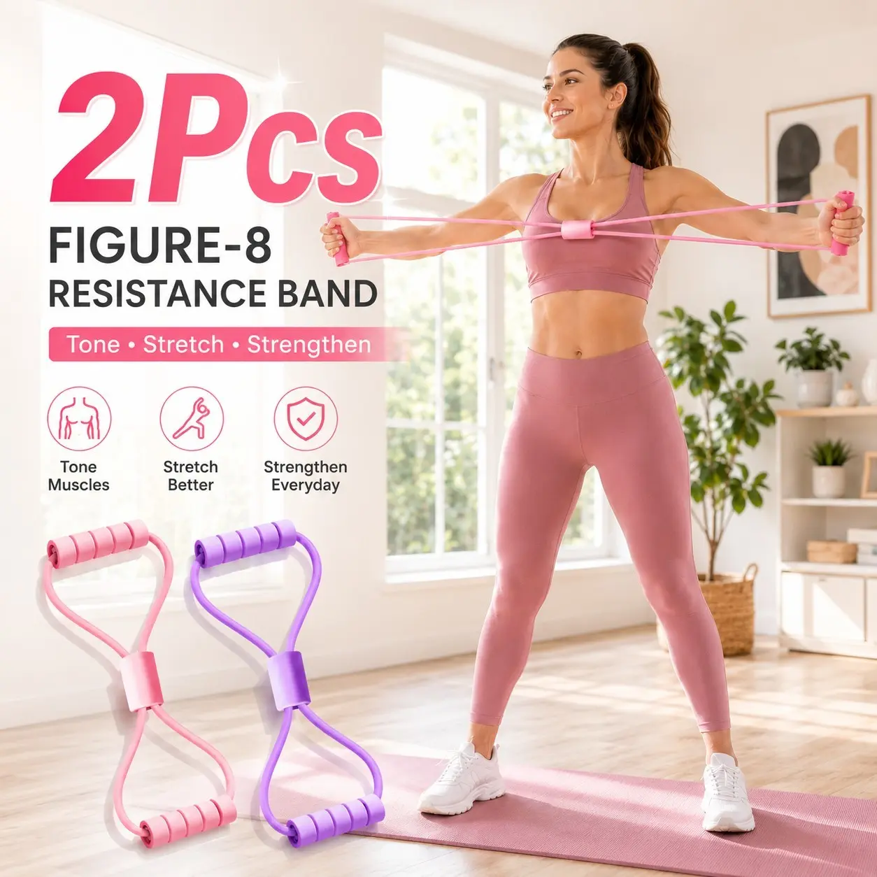 Home Fitness 8-Shape Resistance Band Yoga Training Rope, Back Stretch, Chest Expansion, Arm Leg Workout Tool, Portable Pilates Equipment