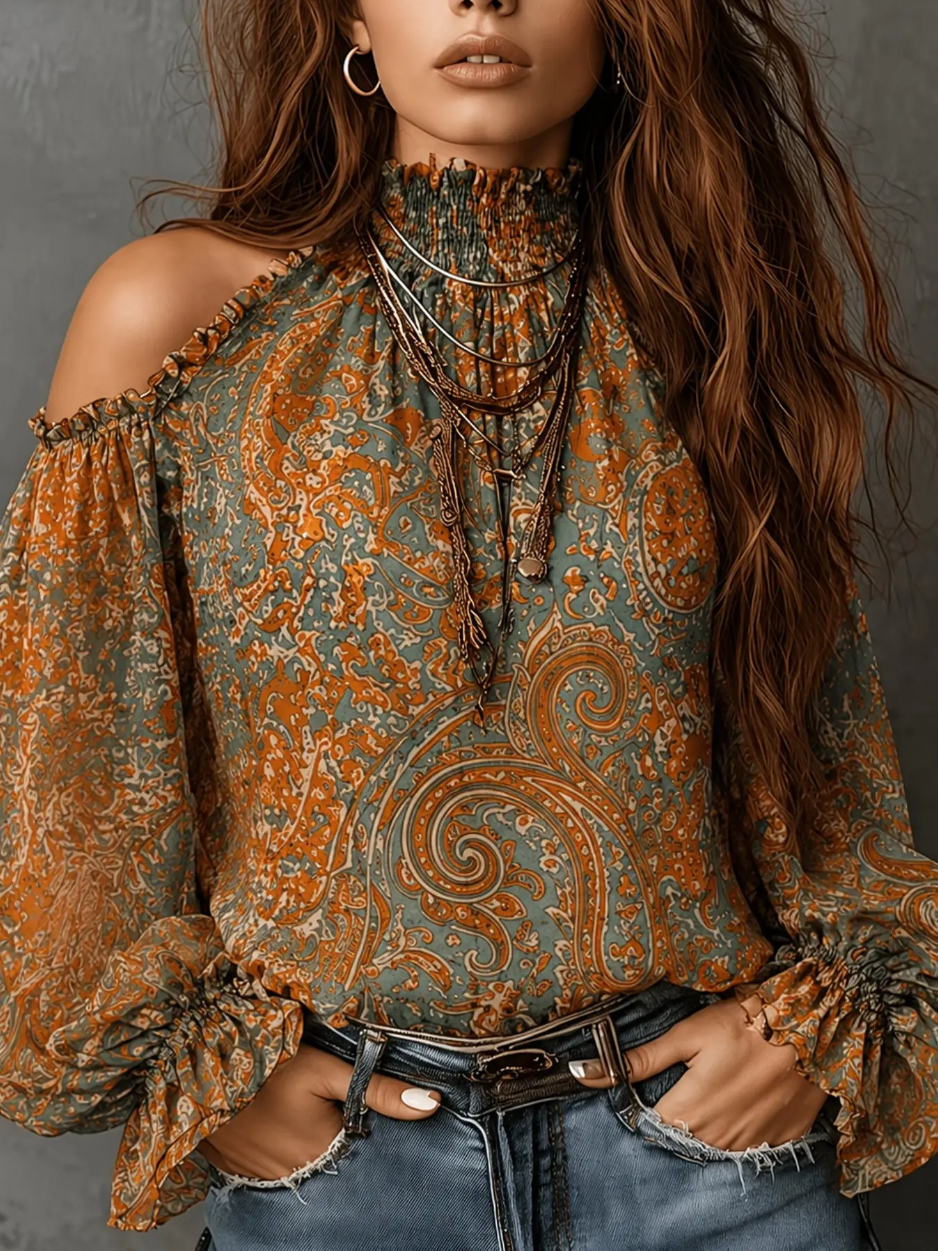 Women's Vintage Boho Chic Off-Shoulder Long Sleeve Paisley Pattern Blouse Shirt Top Loose, Elegant Retro Design, Perfect for Casual & Formal Wear, Unique Fashion Piece