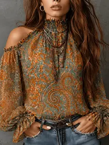Women's Vintage Off-Shoulder Paisley Pattern Blouse Shirt Top Loose, Elegant Retro Design, Perfect for Casual & Formal Wear, Unique Fashion Piece