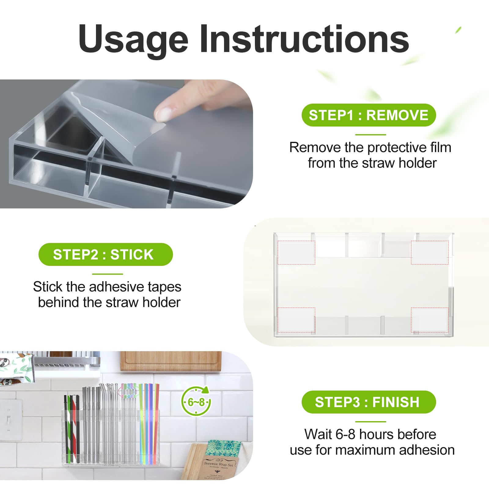 9.5" Adjustable Acrylic Straw Holder - 1-Part Large Organizer with Ultra-Sticky Adhesive, Fits Cabinet Doors, 2025 Reusable Straw Storage for Kitchen Cupboards (Transparent)