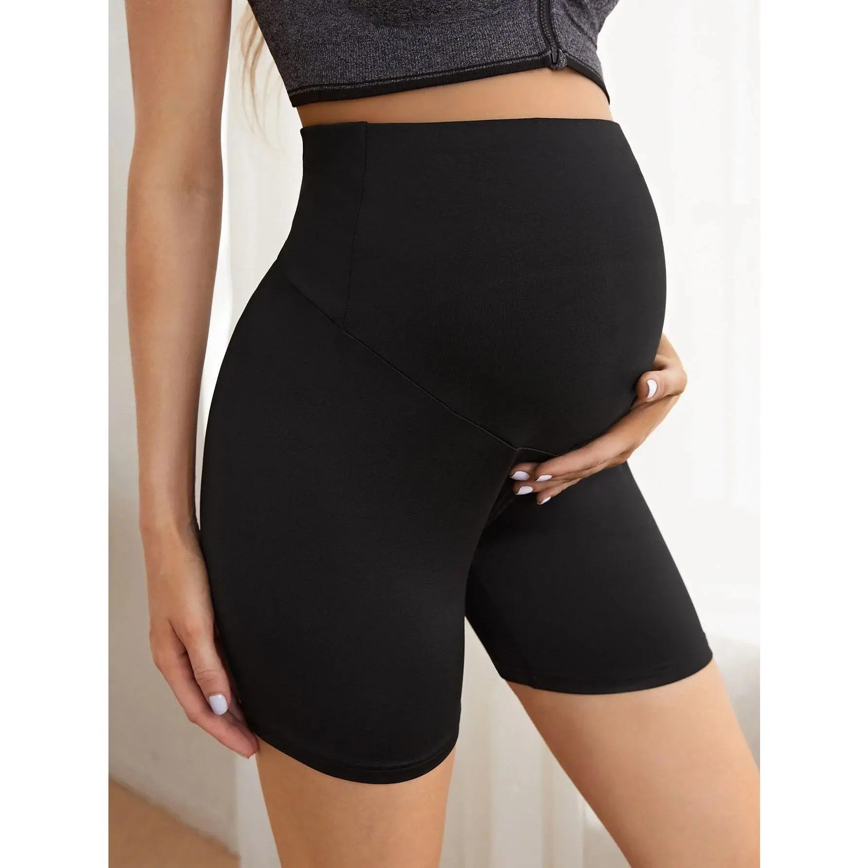 Black Summer Maternity Leggings with Abdominal Support, Casual Stretchy Versatile Sports Maternity  Shorts, Three-Point Length