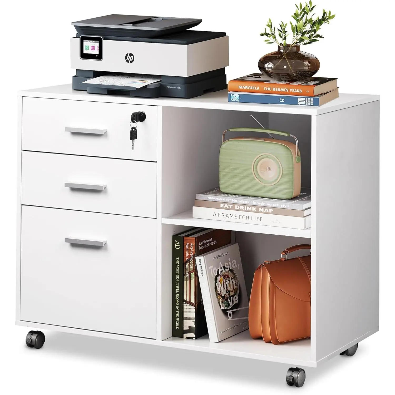 DEVAISE 3-Drawer Mobile File Cabinet | Locking Wood Lateral Filing Cabinet with Printer Stand & Open Shelves, Office Organizer for Letter/A4 Files Desk Furniture