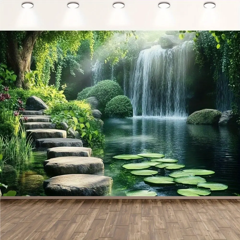 1 Piece Self-Adhesive Polyester Natural Theme Forest Waterfall Mural - Realistic Backdrop with Lush Greenery, Stone Steps, Tranquil Pond, Single Sheet Wall Art for Home, Party Decor