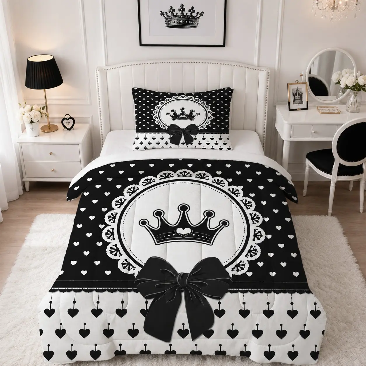 Sweet Lace Crown Bow Printed Comforter Set, 2/3 Pack Quilted Bedding Set (1 Comforter + 1/2 Pillowcases, No Pillow Inserts), Soft Cozy Fabric Usable All Seasons, for Teen and Adult Bedroom Decor, Thoughtful Gift for Her