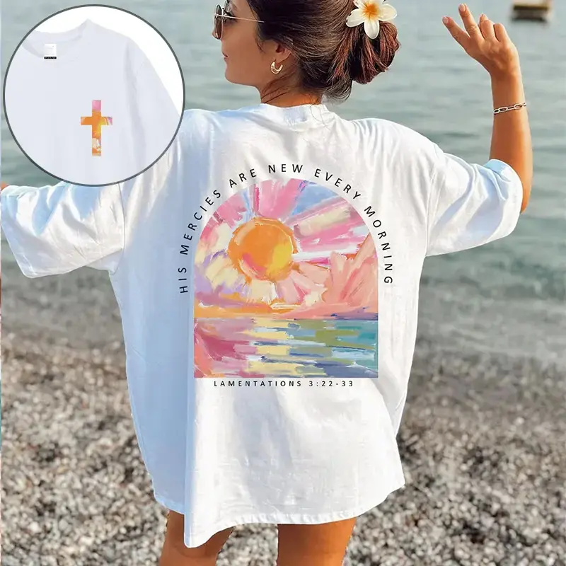 Women's Casual Chic T-Shirt, Oversized Shortsleeve Faith-Inspired Tee with 'His Mercies Are New' Painterly Sunset Graphic, Loose, T Shirts For Women, Custom Artwork Women's T-Shirts