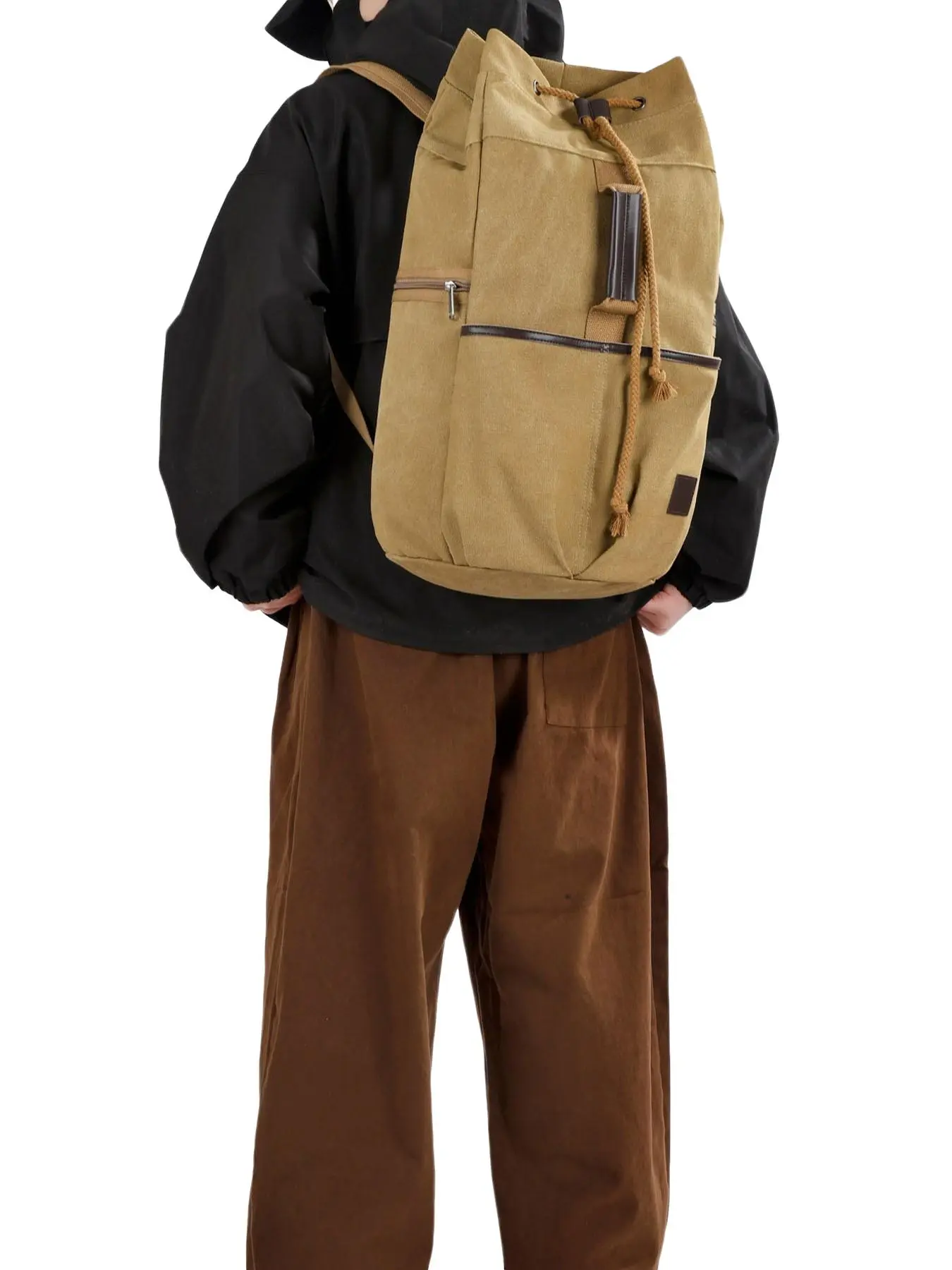 Men's Vintage Drawstring Canvas Backpack, Large Capacity Multi-Pocket, Outdoor Hunting Commute School Leisure Travel Bag