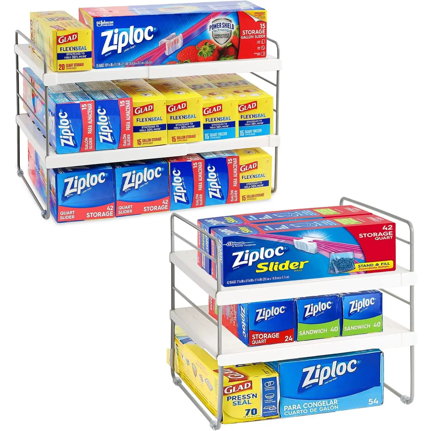 2 Pack Pantry Organization and Storage, Expandable Foil and Plastic Wrap Organizer, Adjustable Kitchen Wrap Organizer Rack for Cabinet, Foil Saran Wrap Holder Shelf for Sandwich Plastic Bags Box,