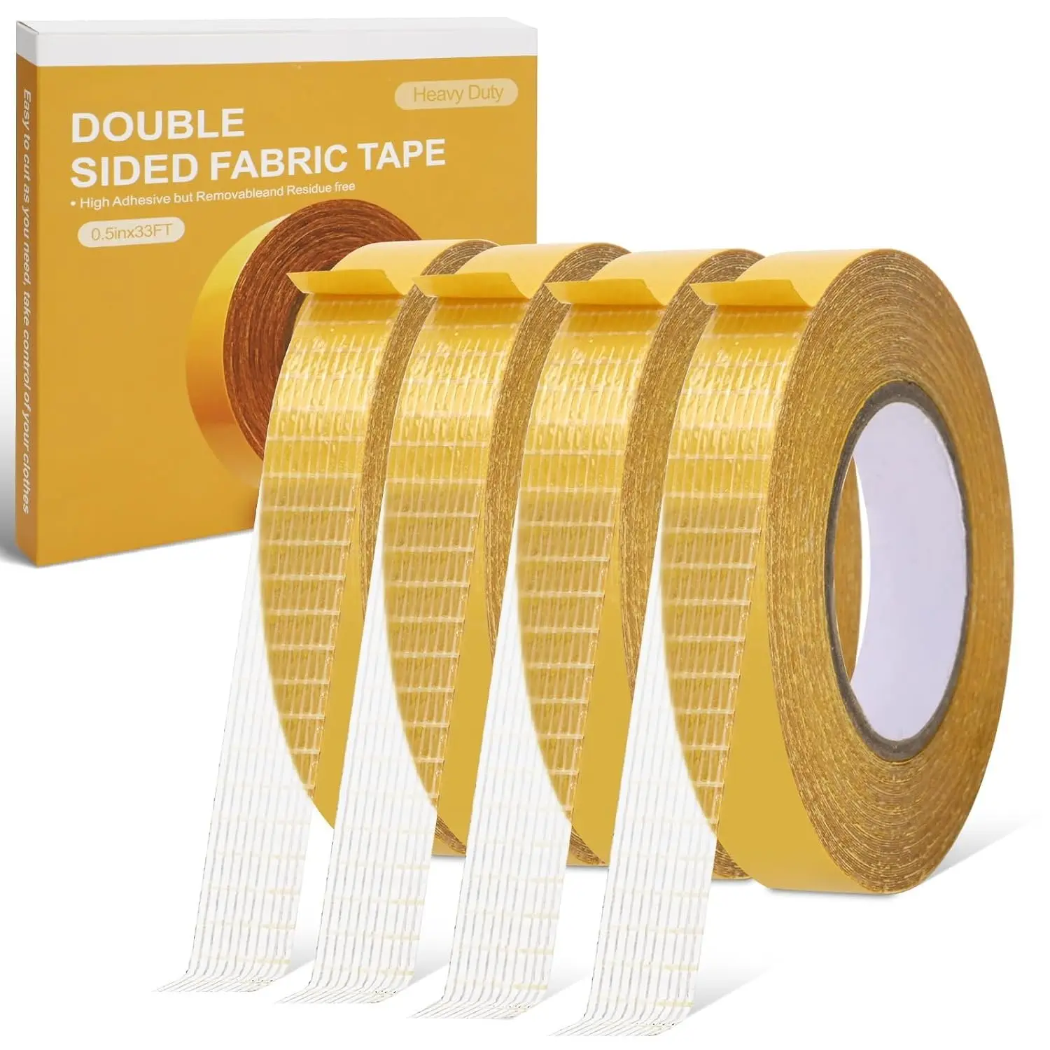 4 Pack, 0.5 in x 33FT/10m,Double Sided Fabric Tape Heavy Duty for Hem,Fashion Dress, Cloth, Curtains,High Adhesive Sticky but Removable and  Free, No Sewing or Ironing Need,Multipurpose,