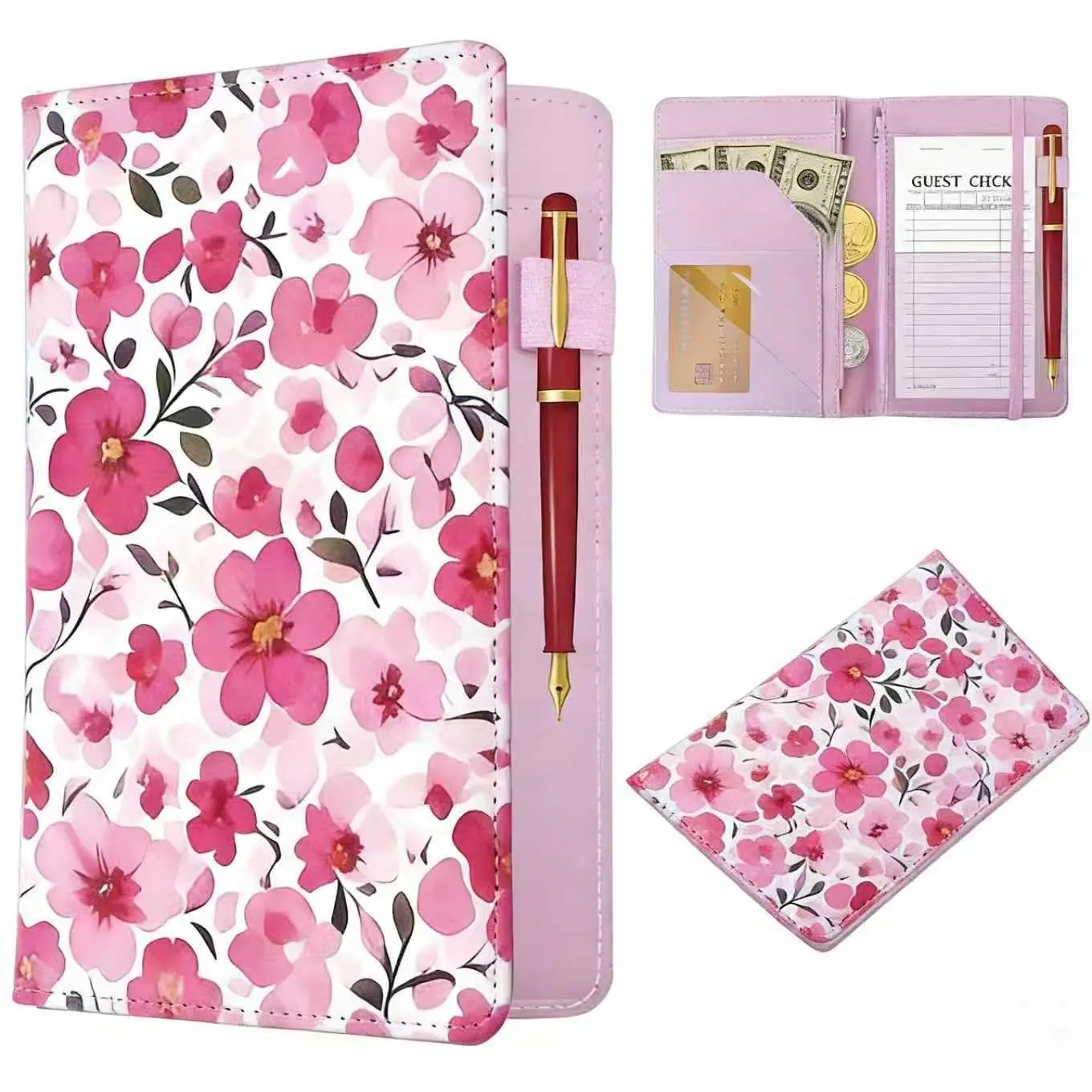 Leather Server Book with 2 Zipper Pockets, Waitress Order Pad Holder for  & Tips - Fits in Server Apron, PU Leather, Guest Check Book,  for Waitress Bartender (Hot -Flower)