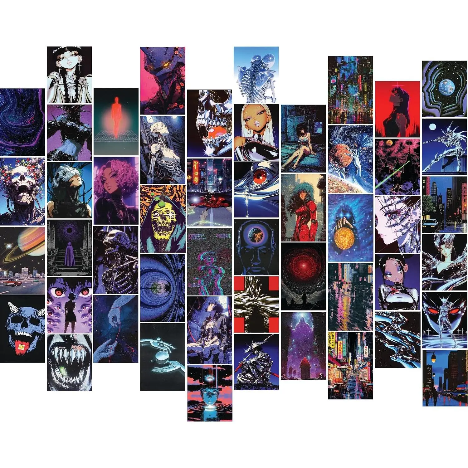 50-Pcs Anime Retro Futuristic Wall Collage Kit with Neon, Anime Fantasy Element Wall Arts & Assorted Art Prints for Teens’ Bedroom Decoration, Cool Room Decor