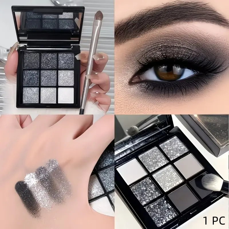 Smoky 9-color eyeshadow palette, Highly Pigmented Palette, with high-pigment black, white, gray shades, built in makeup mirror, long-lasting, smooth and easy to apply, perfect for punk and gothic looks, suitable for parties, music festivals, and Halloween