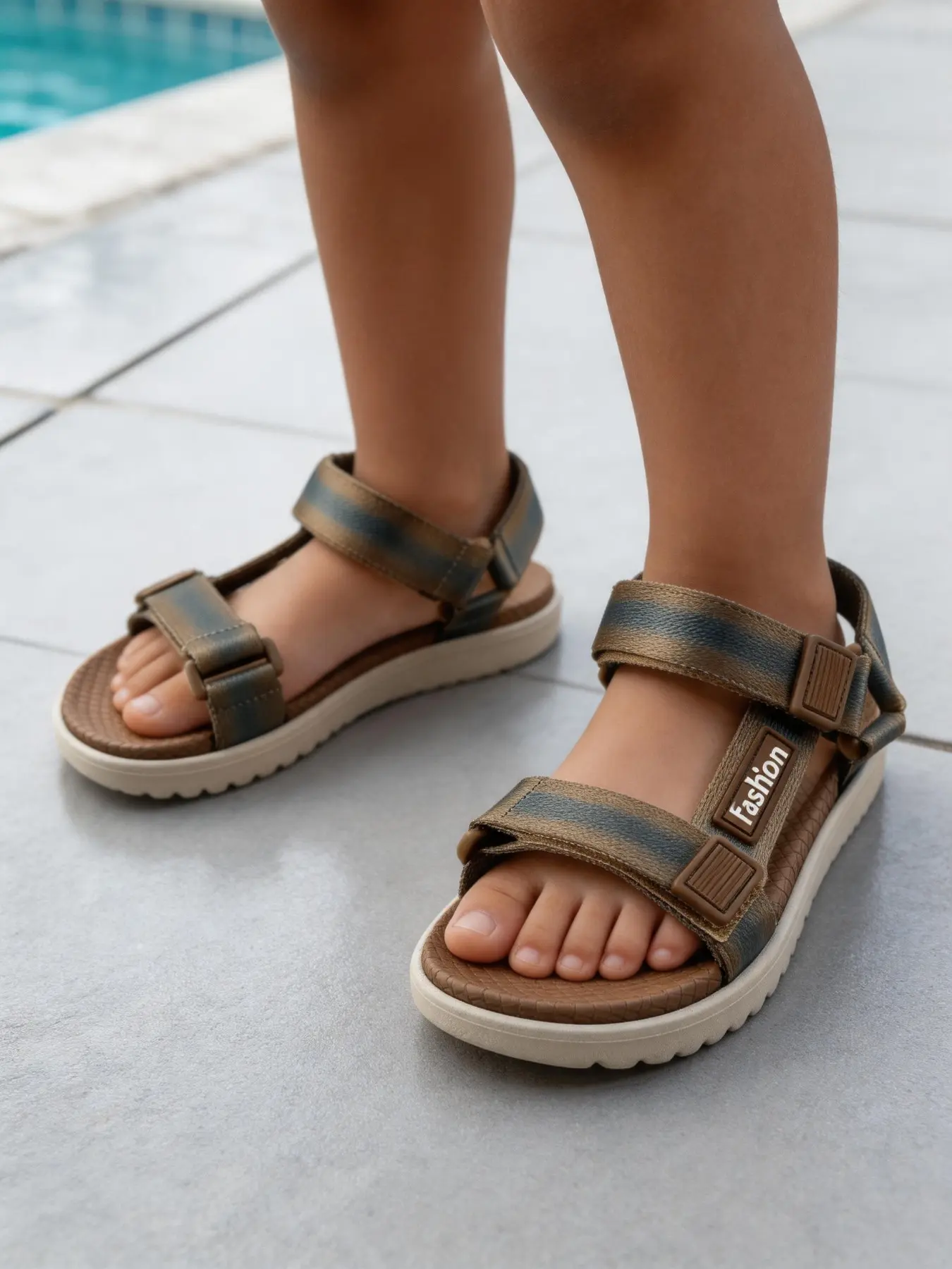 Boy Summer Sandals, Athletic Sandals, Sports Sandals, Sporty Style, Adjustable Velcro Straps, Eva Sole, Textile Upper, Solid Pattern, Easy to Wear, Beach Shoes