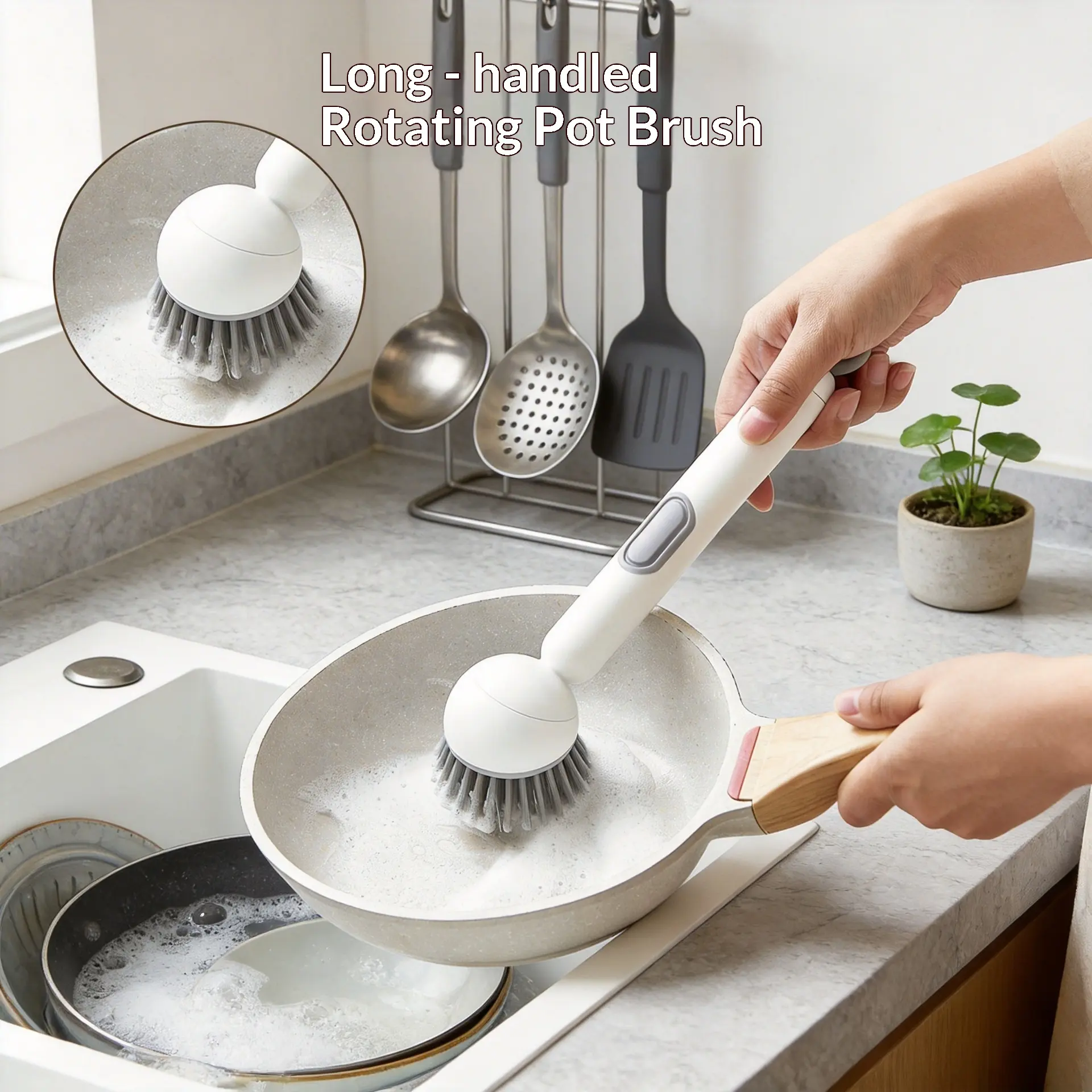 Long Handle Refillable Kitchen Cleaning Brush With Rotatable PET Bristle Head, Designed For Washing Pots Pans And Cups In Household Kitchen, Multi Functional Dish Scrubber With Press Liquid Dispensing And Wall Mountable Hanging Structure