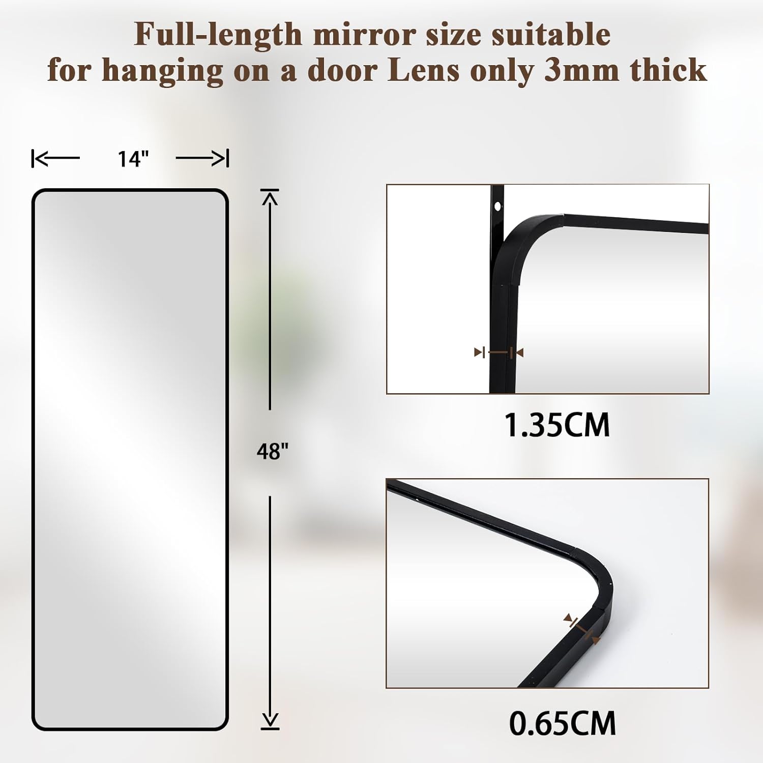 14"x48" Full Length Over The Door Mirror -  Alloy Frame Full  Mirror with Height-Adjustable Hangers, Hanging Leaning Against Wall for Dorm, Black