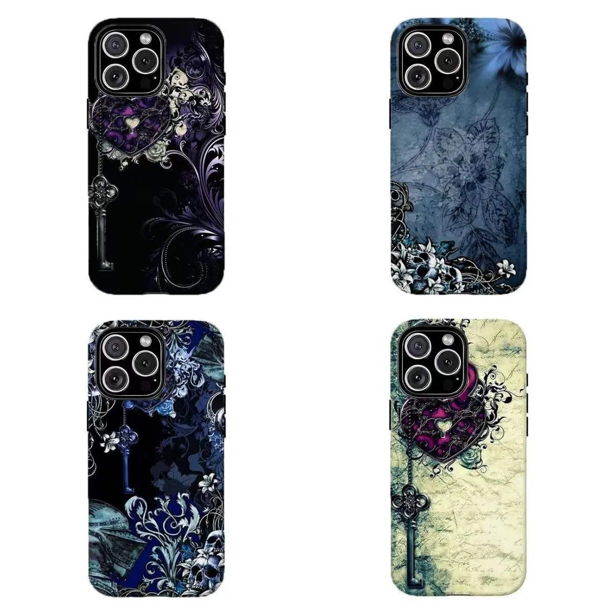 Antique Scroll Purple Blue Skull Floral Tough Phone Case, Scratch Resistant Vintage Dark Fantasy Print Gift For Gothic Alt Girls,For iPhone 11 12 13 14 15 16 17 Pro Max For Samsung S26 S25 S24 S23 S22-Gift For Her/Him/Fans