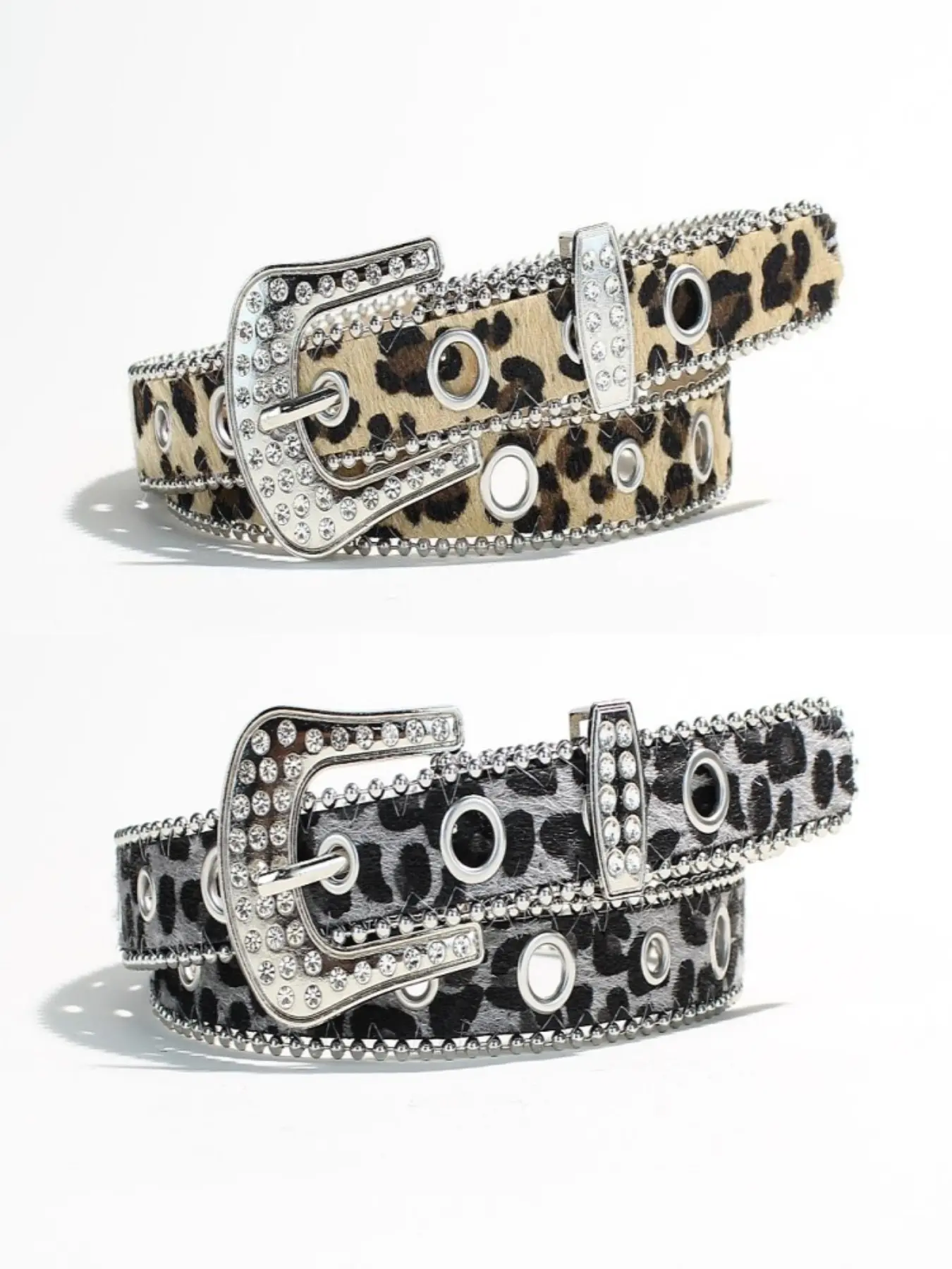 Vintage Leather Leopard Print Rhinestone Studded Belt, Punk Sequin Diamond Belt, Unisex, Frame Buckle, Party Accessory, Street Style