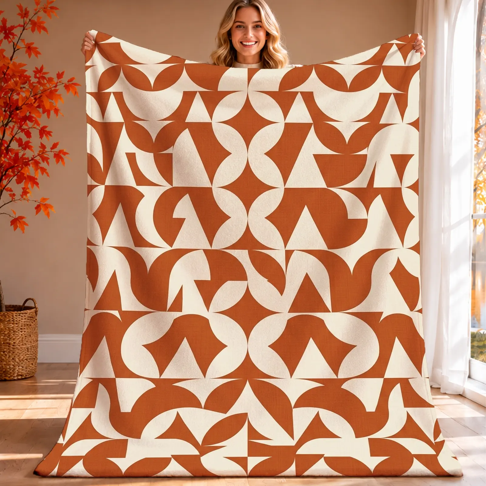 1pc Geometric Abstract Design Blanket, Modern Minimalist Style, Unique Pattern with Earthy Tones and Bold Shapes, for Couch Living Room Home Decor and Contemporary Gift
