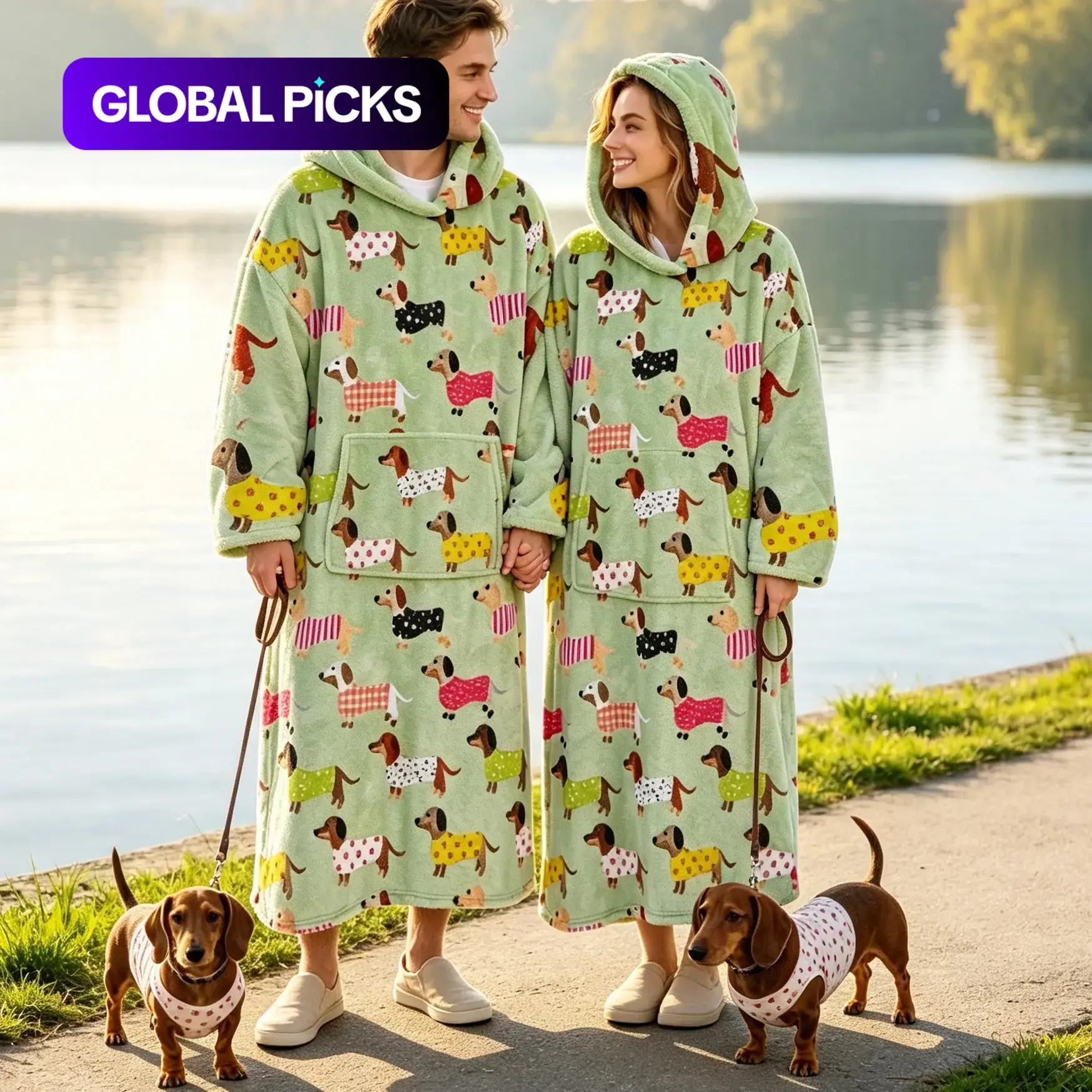 Adult Wearable Blanket Hoodie, Extra Large Cute Weiner Dog Print, Soft Flannel Material, Warm and Comfortable, Unisex with Big Pockets, Hooded Wearable Blanket