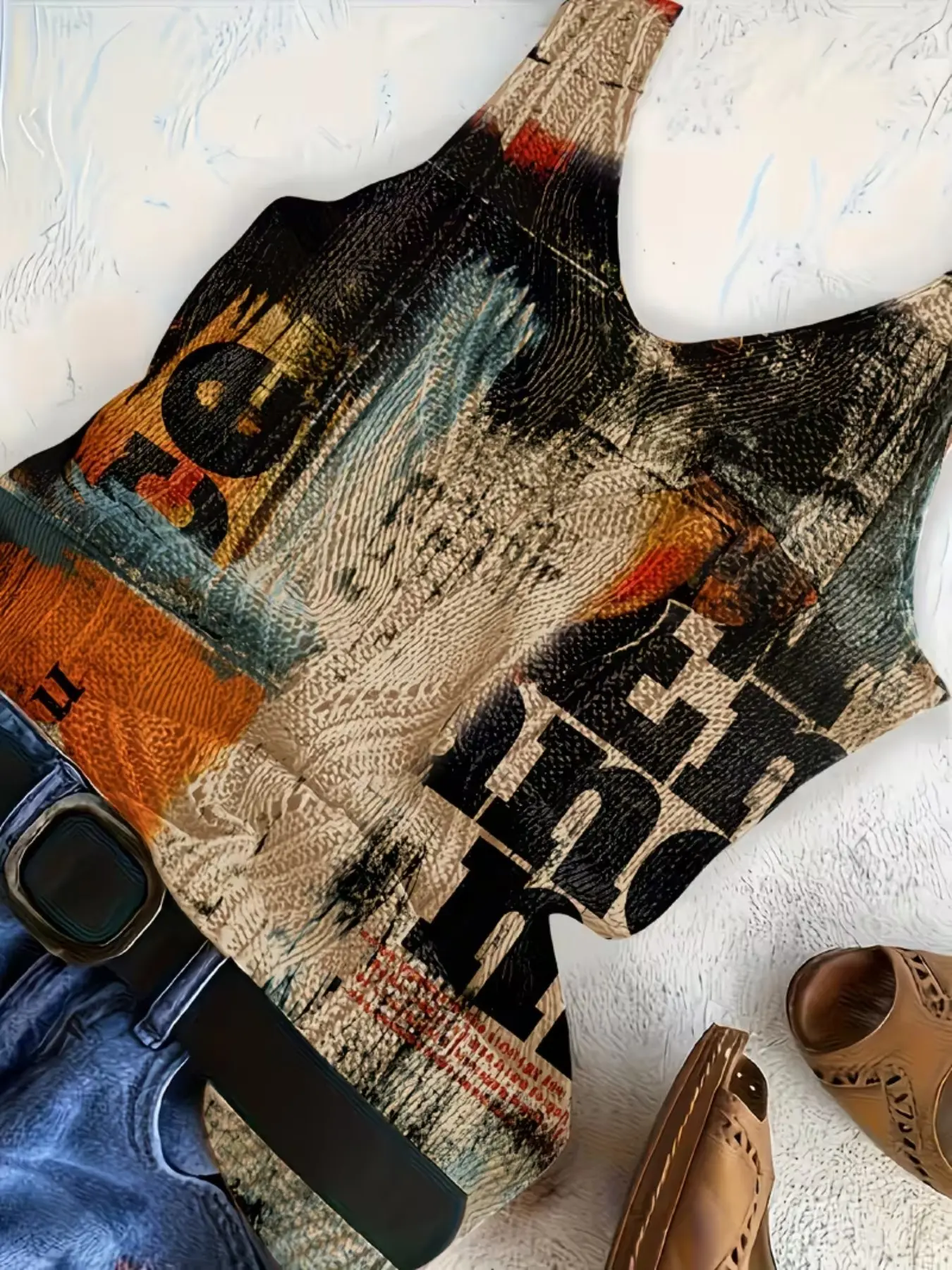 Women's 3D Digital Print Graffiti Pattern Knit Vest, Soft Comfortable Sweater, Fashion Cool Casual Top, Retro Slim Fit, Summer New Arrival