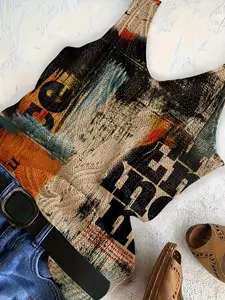Women's 3D Digital Print Graffiti Pattern Knit Vest, Soft Comfortable Sweater, Fashion Cool Casual Top, Retro Slim Fit, Summer New Arrival