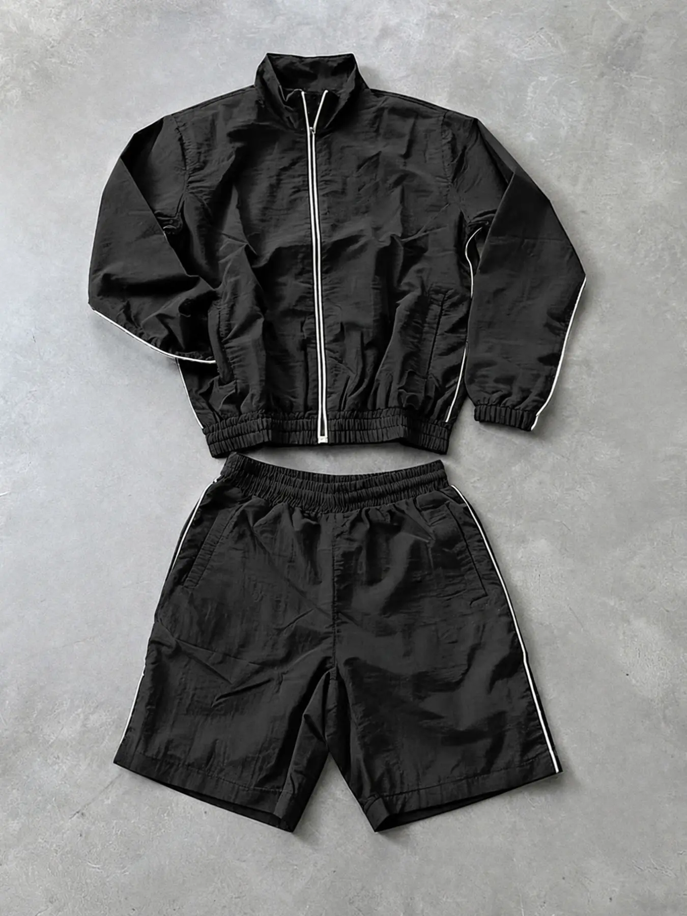 Men's Casual Stand Collar Jacket and Shorts Set, Full Zipper, Striped Design, Comfortable Drawstring Waist, Spring & Fall Essential