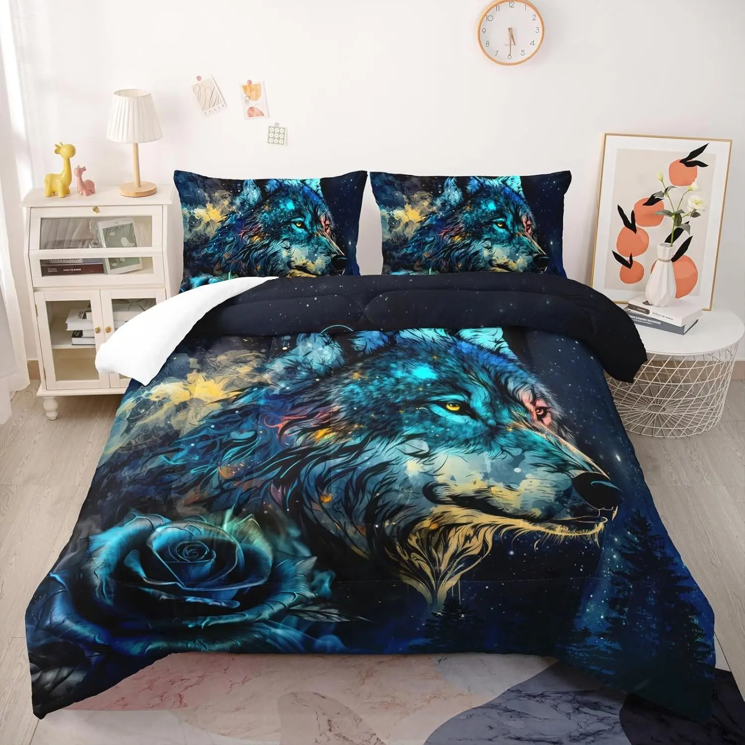 Wolf Print Bedding Set Full Size, Blue Rose Wolf Bed Linen Set, Night Sky Forest Animal Quilt Set for Girls Boys Adults, Includes 1 Quilt and 2 Pillowcases