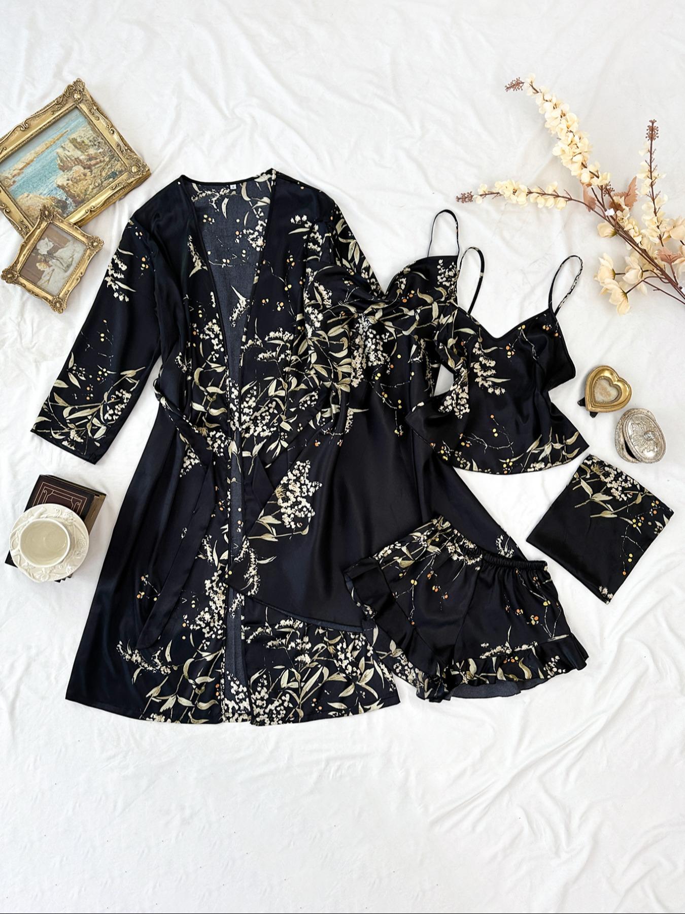Women's Floral Plant Print Satin Pajama Set (Pjs) with Belted Robe, Cowl Neck Cami Nightdress, Backless Cami Top, Elastic Waist Shorts & Storage Bag, Casual Comfortable Women's Sleepwear & Loungewear Camisole Sets Lingerie Women's Floral Plant Print Satin Pajama Set (Pjs) with Belted Robe, Cowl Neck Cami Nightdress, Backless Cami Top, Elastic Waist Shorts & Storage Bag, Casual Comfortable Women's Sleepwear & Loungewear Camisole Sets Lingerie
