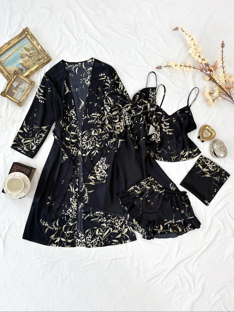 Women's Plant Print Satin Pajama Set with Belted Robe, Cowl Neck Cami Nightdress, Backless Cami Top, Elastic Waist Shorts & Storage Bag, Casual Comfortable Women's Sleepwear