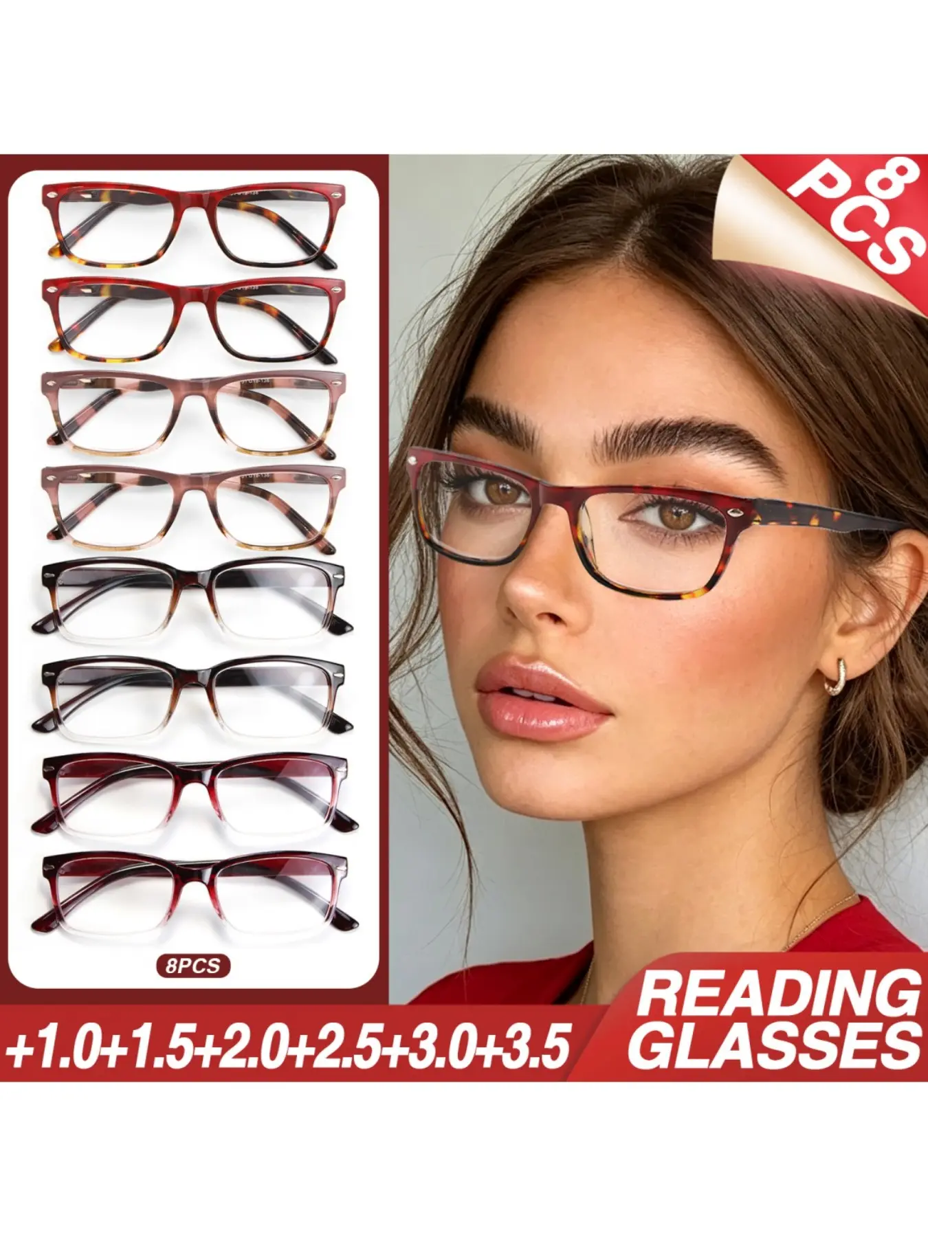 8pcs Fashion Small Frame Rectangle Reading Glasses, Reading Eyeglasses, Anti-Blue Light, Unisex, Casual Style, All Seasons, PC Material, Multi-Pair Set