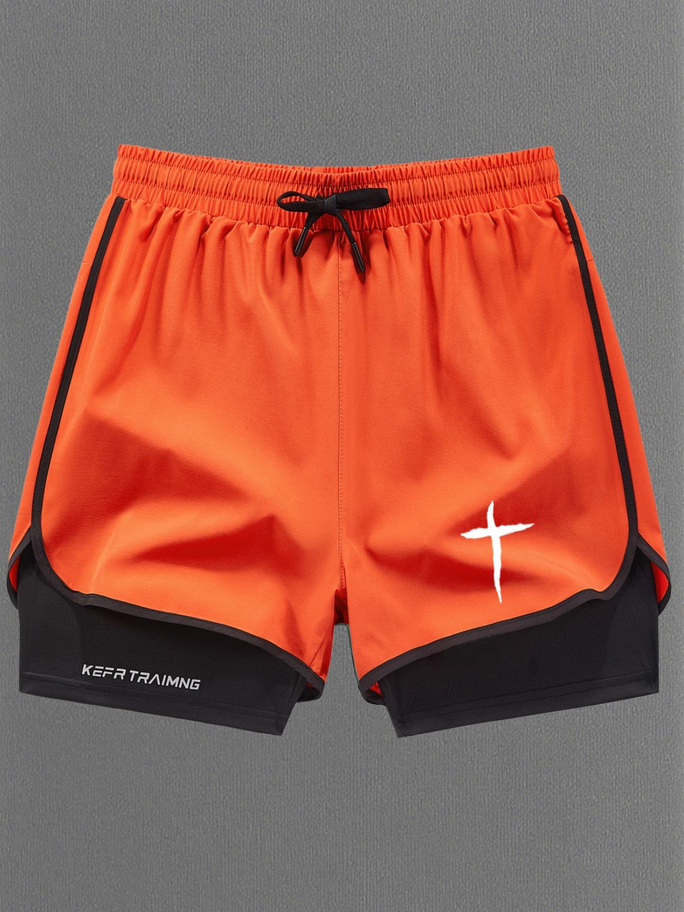 Men Women Regular Fit 2-In-1 Drawstring Waist Sport Shorts, Summer Pocket Print Casual Half Yoga Exercise Shorts, Fashionable Daily Wear