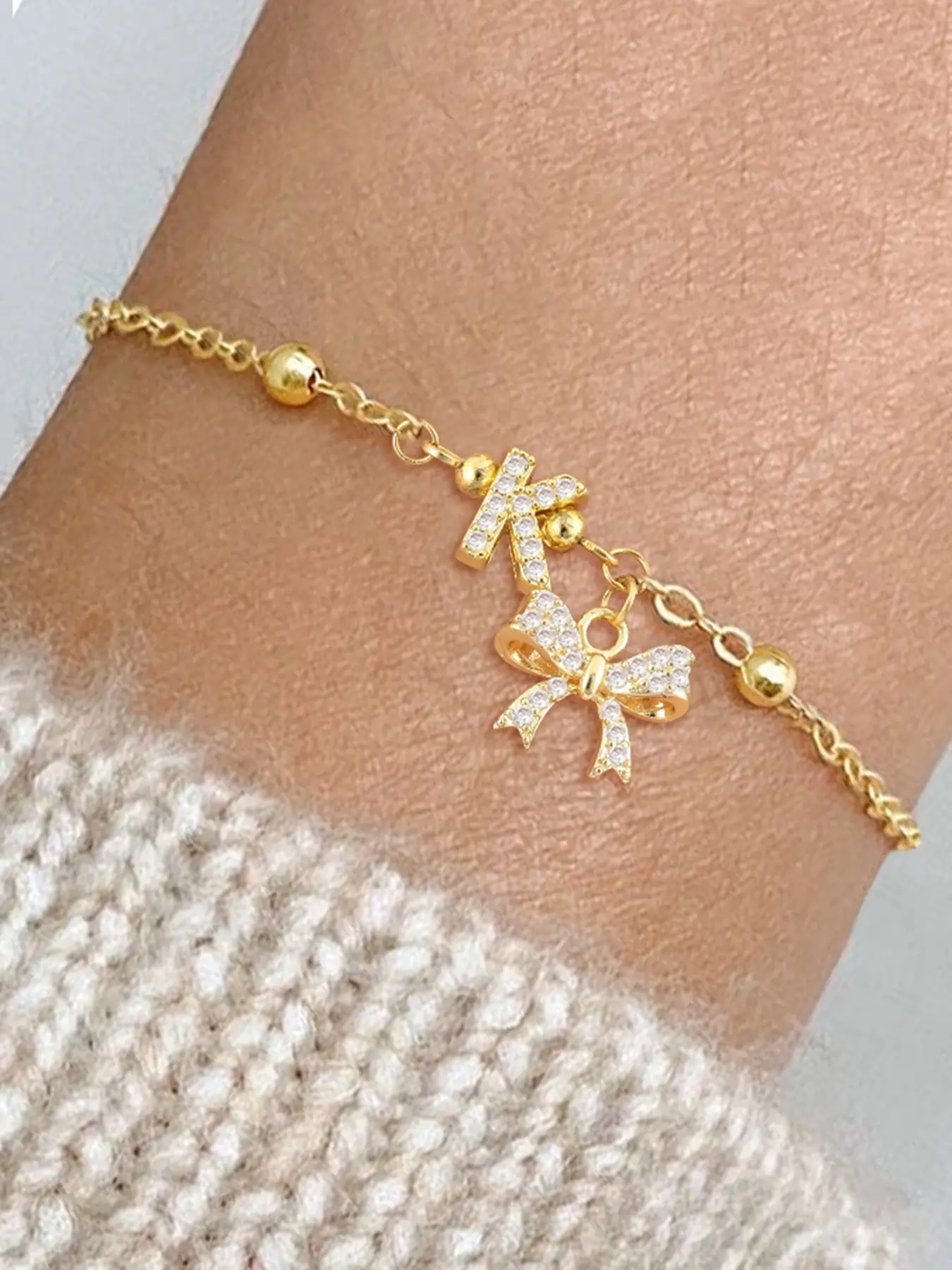 Elegant Zircon Bow-knot Initial Bracelet for Women, Stainless Steel Beaded Chain, Casual Style for All Seasons