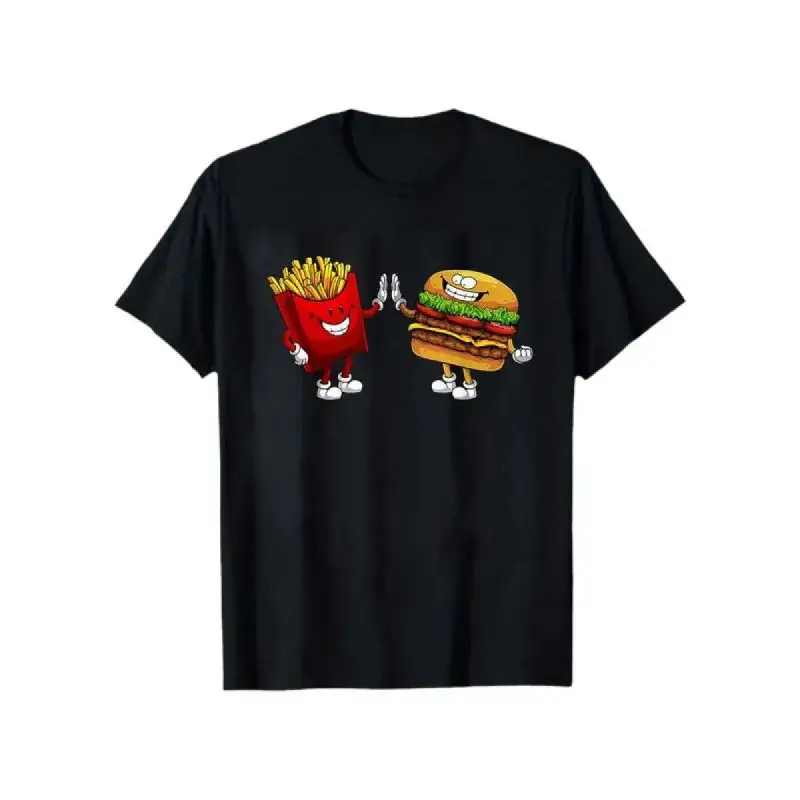 Men's Cartoon Hamburger & French Fries Print Short-Sleeved Sports Tee - Comfortable Fabric, Relaxed Fit, Casual Top, Suitable for Outdoor Daily Wear, Holiday Gifts for Dads, Cartoon Print# versatile short sleeve