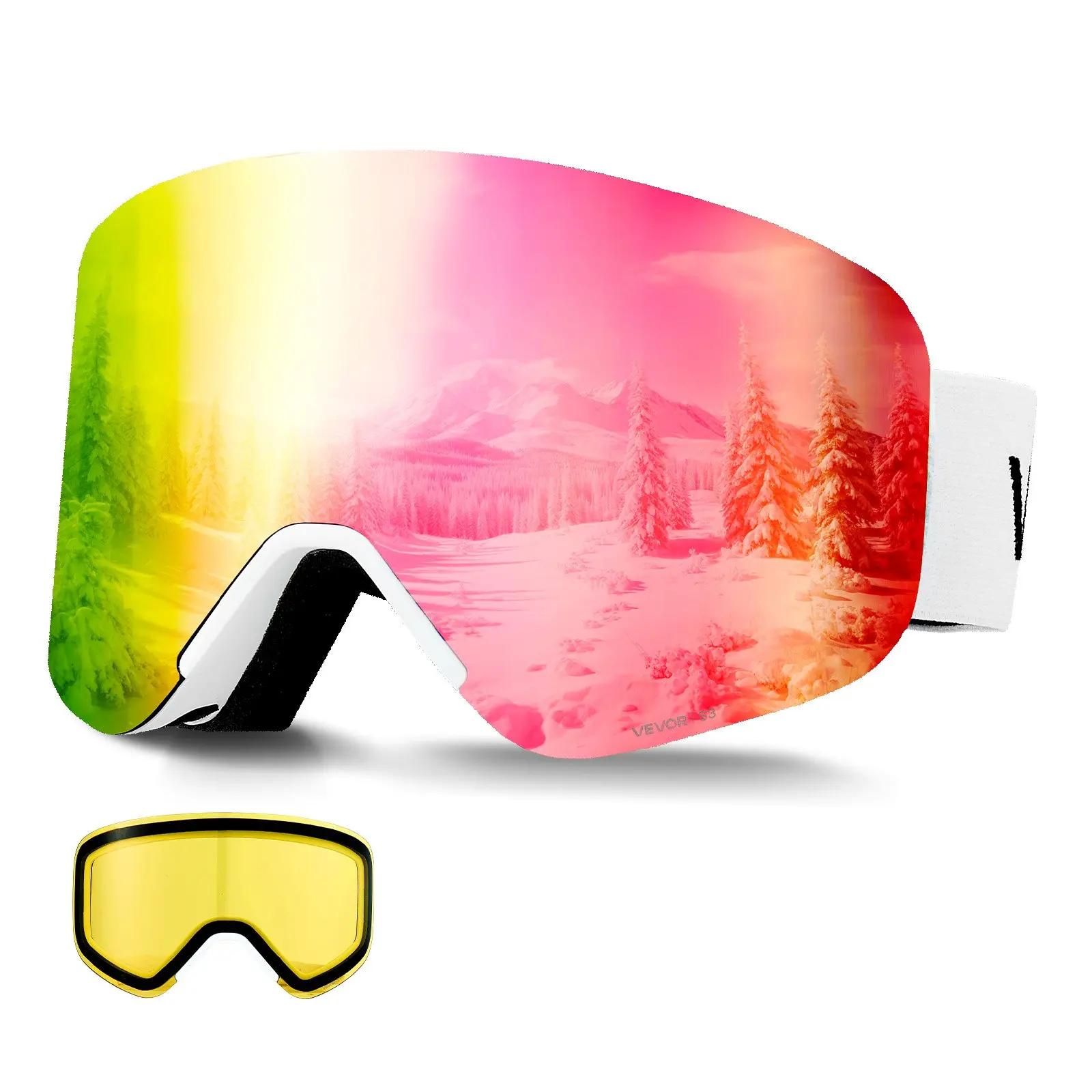 VEVOR Youth Size Frameless Ski Goggles - Pink-with Magnetic Cylindrical Lens, OTG Anti-Fog TPU Frame, Adjustable Strap, Vent, Light Blocking Glasses for Skiing, Snowboarding