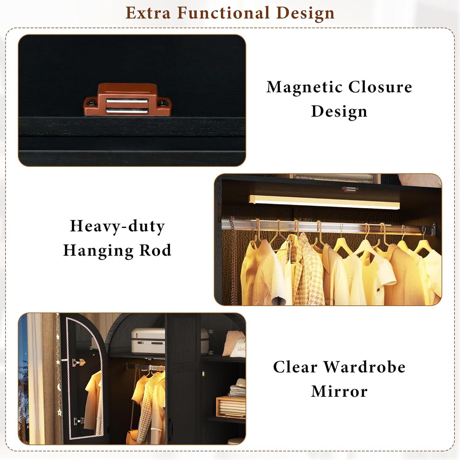 3 Doors Armoire Wardrobe Closet with Mirror and Lights, 71" Farmhouse Arched Wooden Wardrobe Cabinet with 2 Drawers,Hanging Rod, Clothing Storage Closet Cabinet for Bedroom,Light Rustic Oak/Black 3 Doors Armoire Wardrobe Closet with Mirror and Lights, 71" Farmhouse Arched Wooden Wardrobe Cabinet with 2 Drawers,Hanging Rod, Clothing Storage Closet Cabinet for Bedroom,Light Rustic Oak/Black
