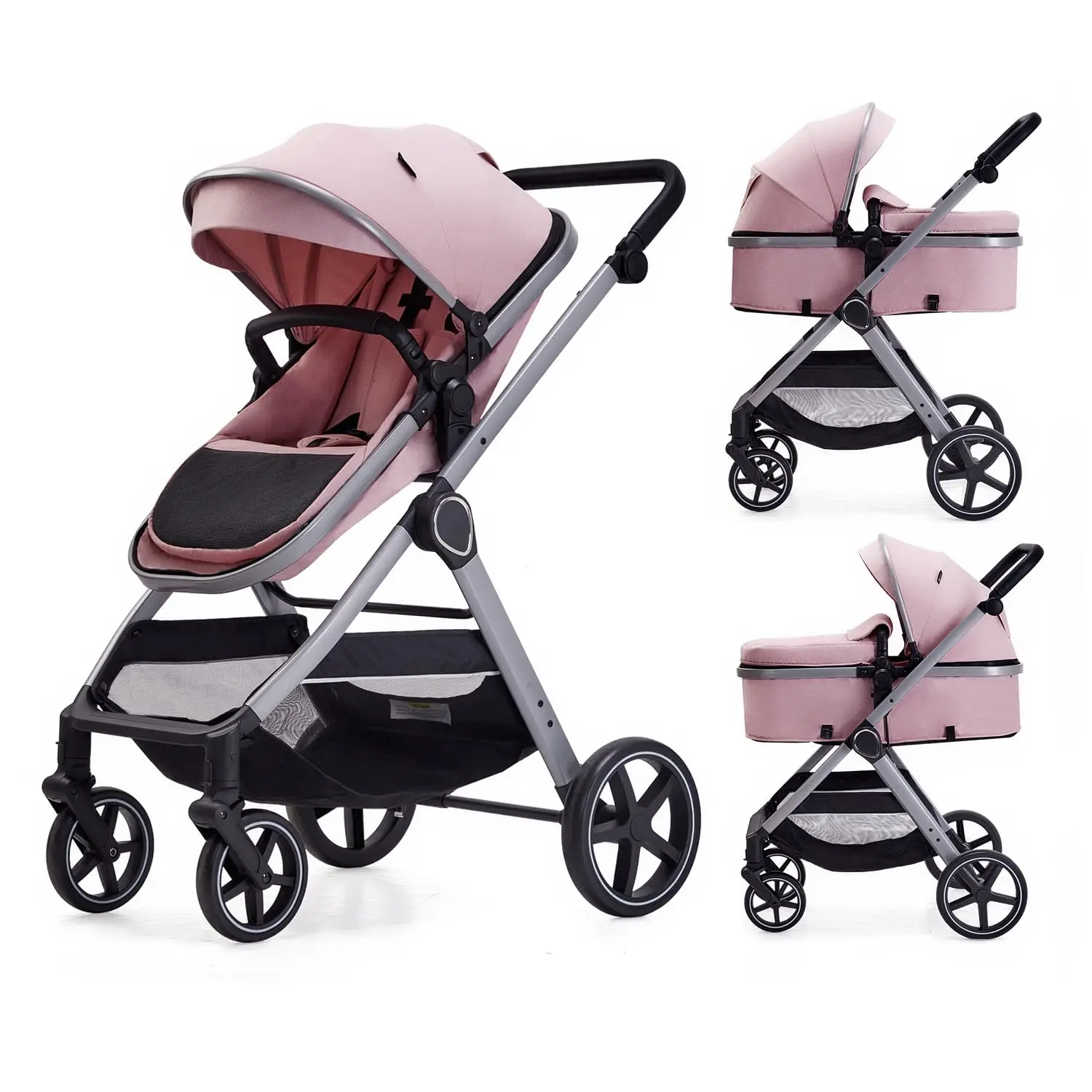 Newborn-Fit 2-in-1 Foldable Adjustable Solid Baby Convertible Pram Stroller, for 0-36-Month-Old Infants Toddlers (Pink), Two-In-One