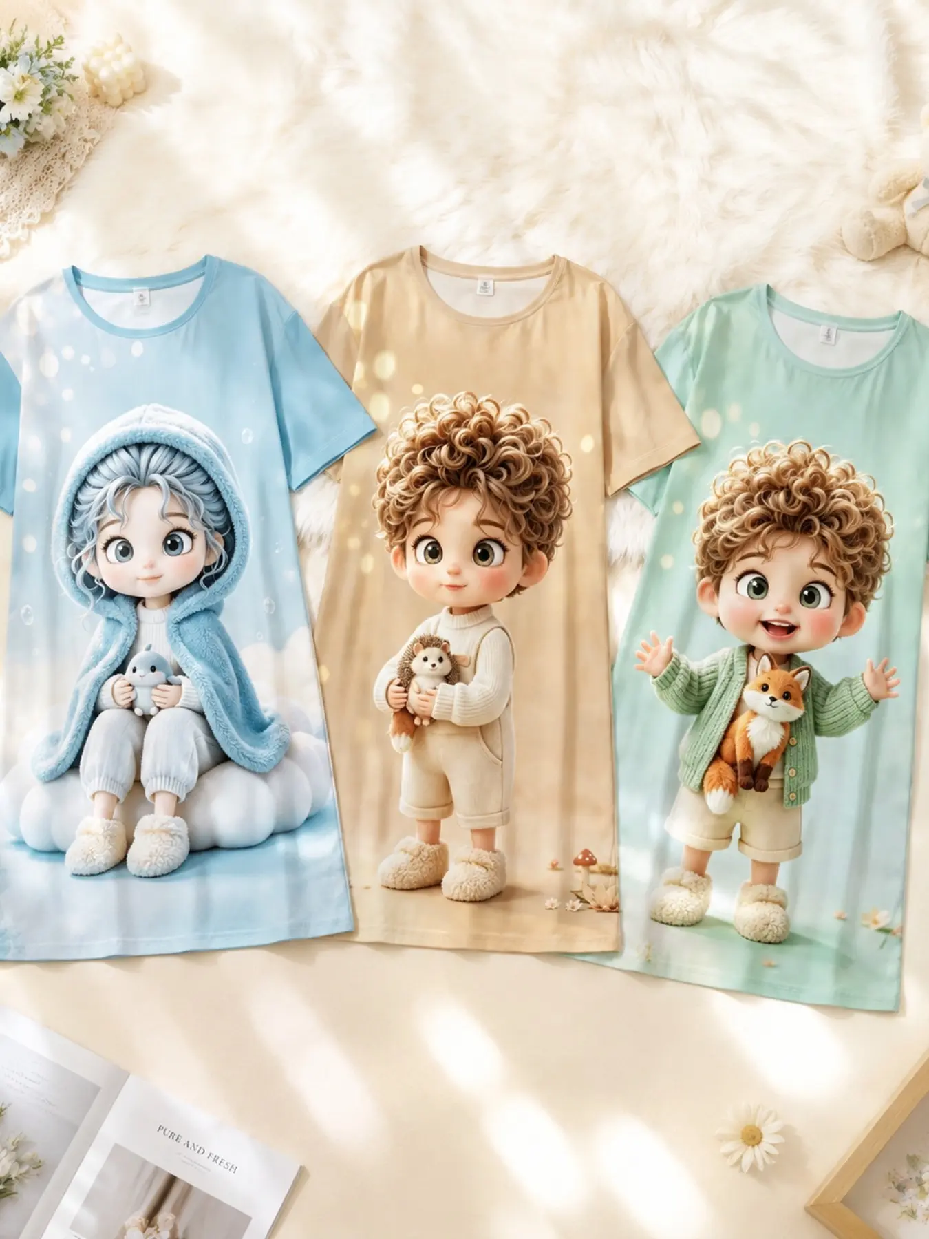 Women's Soft Round Neck Pajama Set, Cute 3D Cartoon Panda Penguin Rabbit Print, Summer Boho Style, Lightweight Stretchy Sleepwear