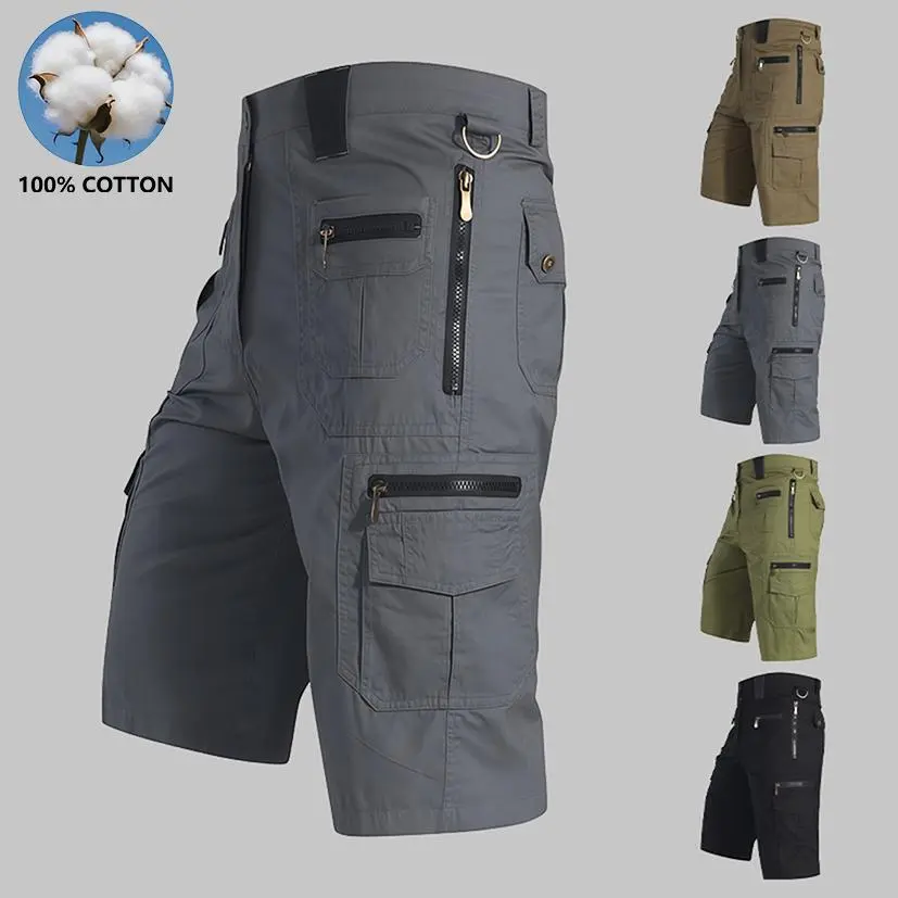 3 Pack Men's Cotton Cargo Shorts, Zip Multi Pockets Non-Stretch Tactical Work Shorts, Relaxed Fit Durable Pure Cotton Bottoms for Construction Hiking Outdoor Daily Casual Outfits Breathable