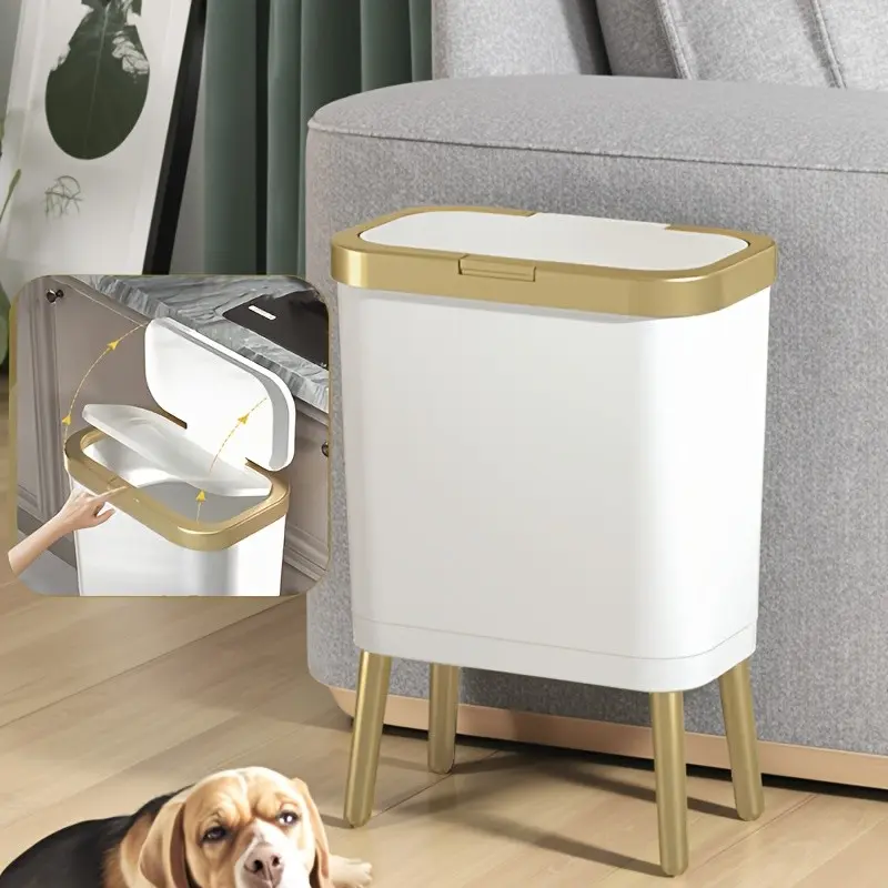 Luxury Gold Trim Tall Press Bin, High Metal Legs, No Bending, One-Button Open, Sealed Lid, Narrow Design, Kitchen & Dining, Waterproof, Easy Clean