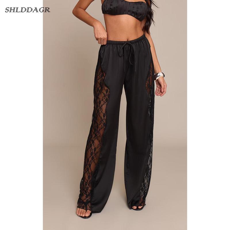 Women's Stylish and Elegant Satin Lace Wide-Leg Pants - High-Waisted Drawstring Loose Flowy Casual Party Dress Pants with Side Lace Trim (Ivory/Brown/Olive Green)