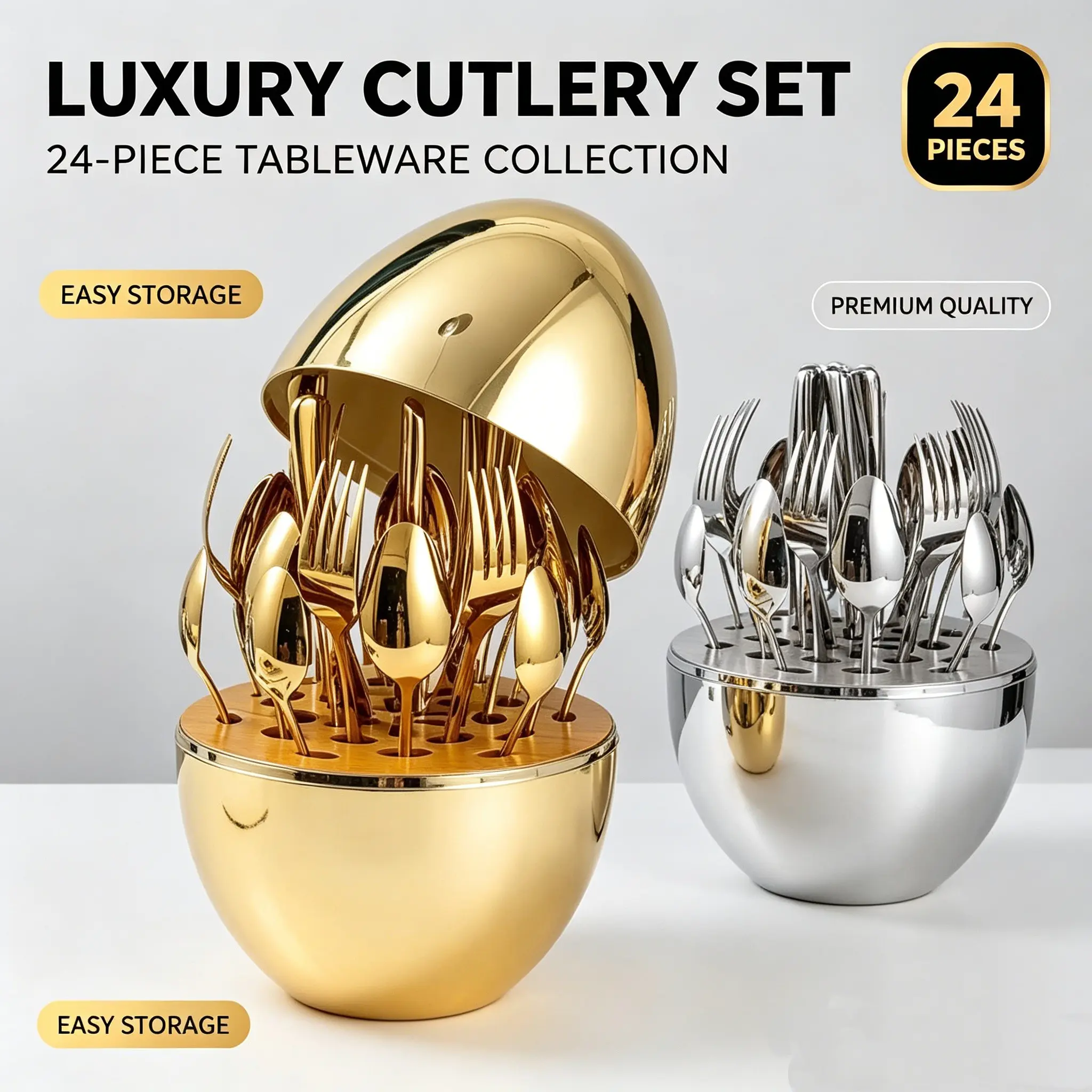 Luxury 24-Piece Stainless Steel Cutlery Set, Eggshell Storage Box, Fork Spoon Knife Set, Home Western Dining Table Decor Gift Box