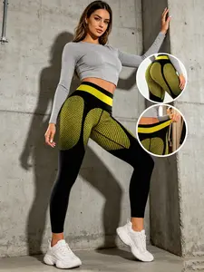 Best-selling, ultra-trendy women's ultra-modern yellow check gradient print black sports trousers; cool, comfortable and non-restrictive summer leggings, yoga tights, adult houndstooth check British style, Fitness training tights